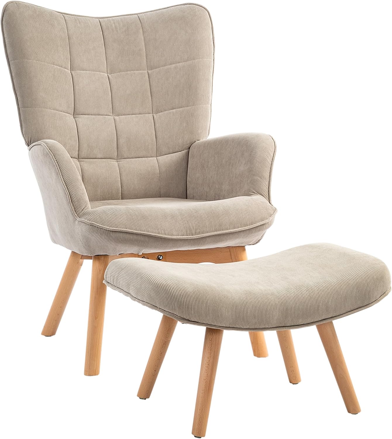 HOMCOM Ohrensessel mit Hocker Sessel Loungesessel mit Cord-Optik, Modern Relaxsessel, Armlehnensessel Lesesessel für Wohnzimmer, Schlafzimmer, Hellbraun