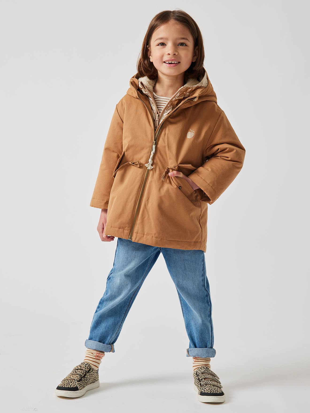 Parka verde com capuz para meninas, jaqueta acolchoada brilhante e forro de sherpa 3 em 1