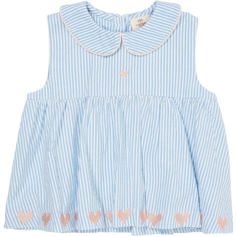 Køb COPENHAGEN COLORS Sky Blue W Cream Stripe W. Soft Pink Seersucker Ss Bluse W. Hearts