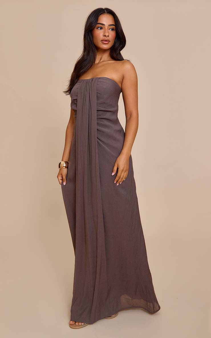 Taupe Robe Maxi Colonne Petite Taille À Bustier Avec Détail Drapé