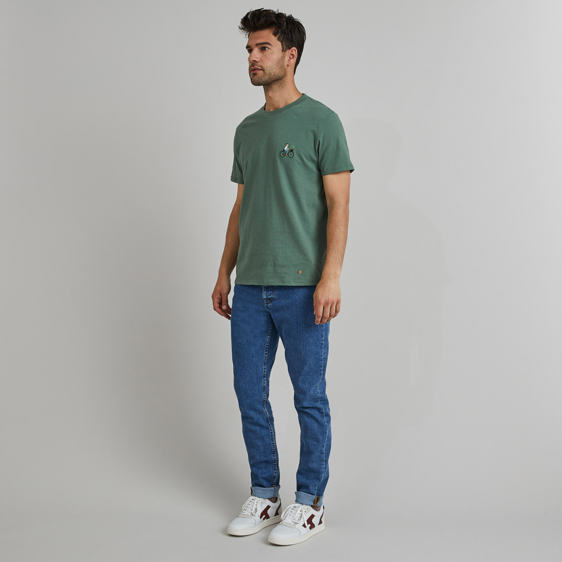 T-shirt col rond vert broderie vélo coton et coton recyclé - modèle Arcy