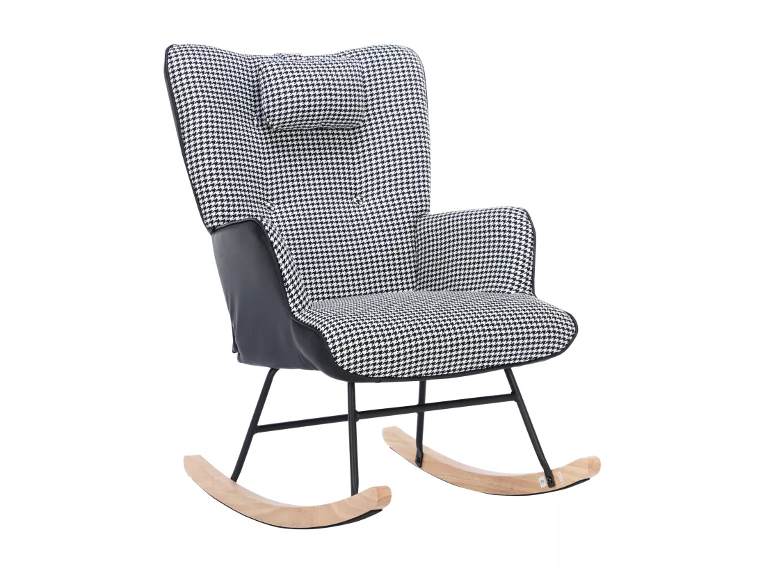 Fauteuil à bascule avec poche latérale, appui-tête et repose-pieds - 85 x 65 x 96 cm - Motif chippendale - Noir + blanc