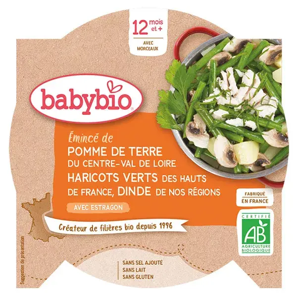 Prato de Almoço Babybio com Batata, Feijão Verde e Peru (+12 meses) Orgânico 230g