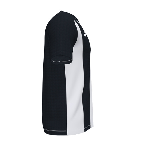 Camiseta Joma Pisa II de manga curta, preta e branca.