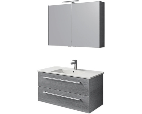 Pelipal Cavallino badkamermeubelset, BxHxD 100 x 200 x 46 cm, fronten in grafietstructuur, met witte keramische wastafel, wastafelmeubel met greep en spiegelkast met ledverlichting