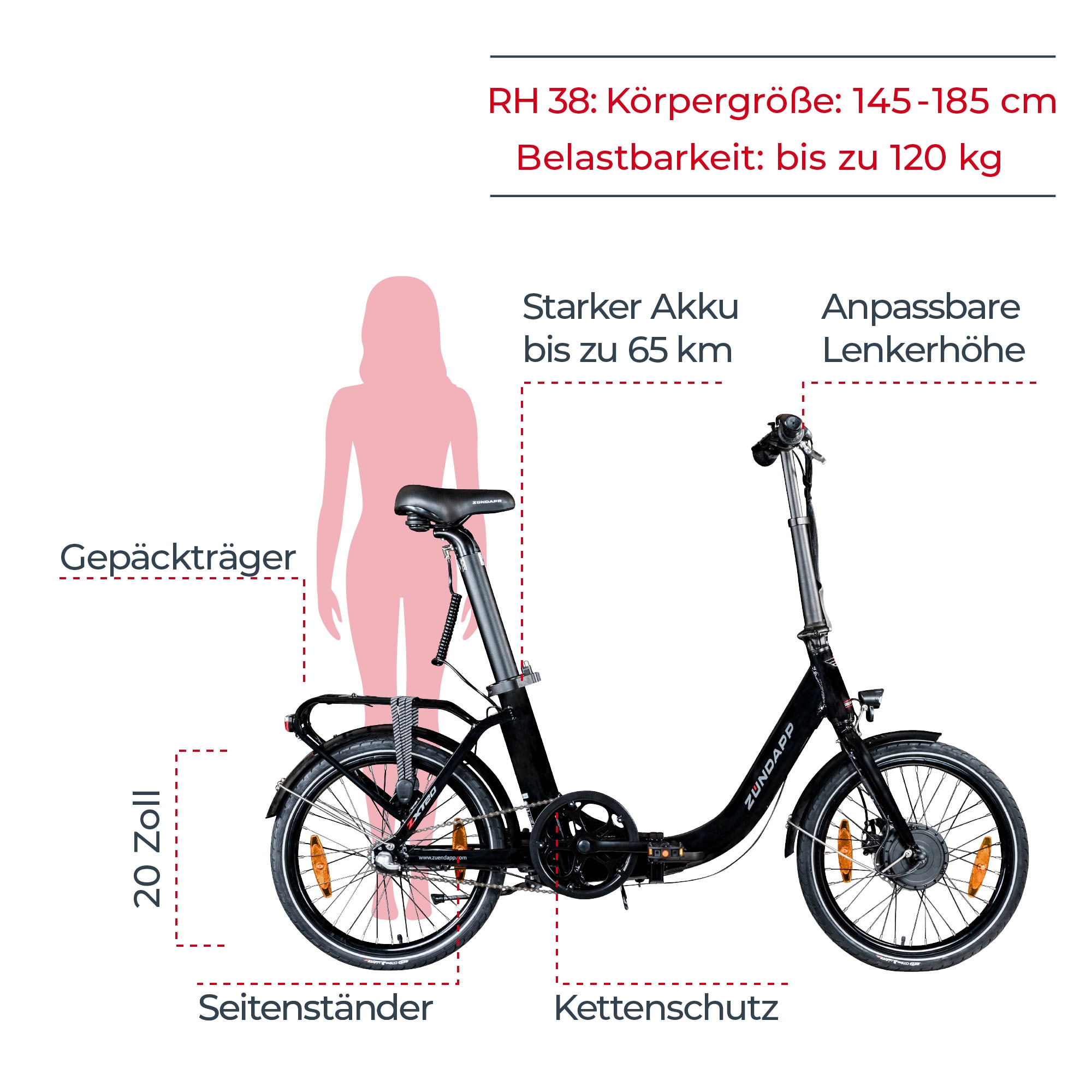 Zündapp ZXT20 E Bike 20 Zoll E Klapprad Tiefeinsteiger 3 Gang 145 - 185 cm