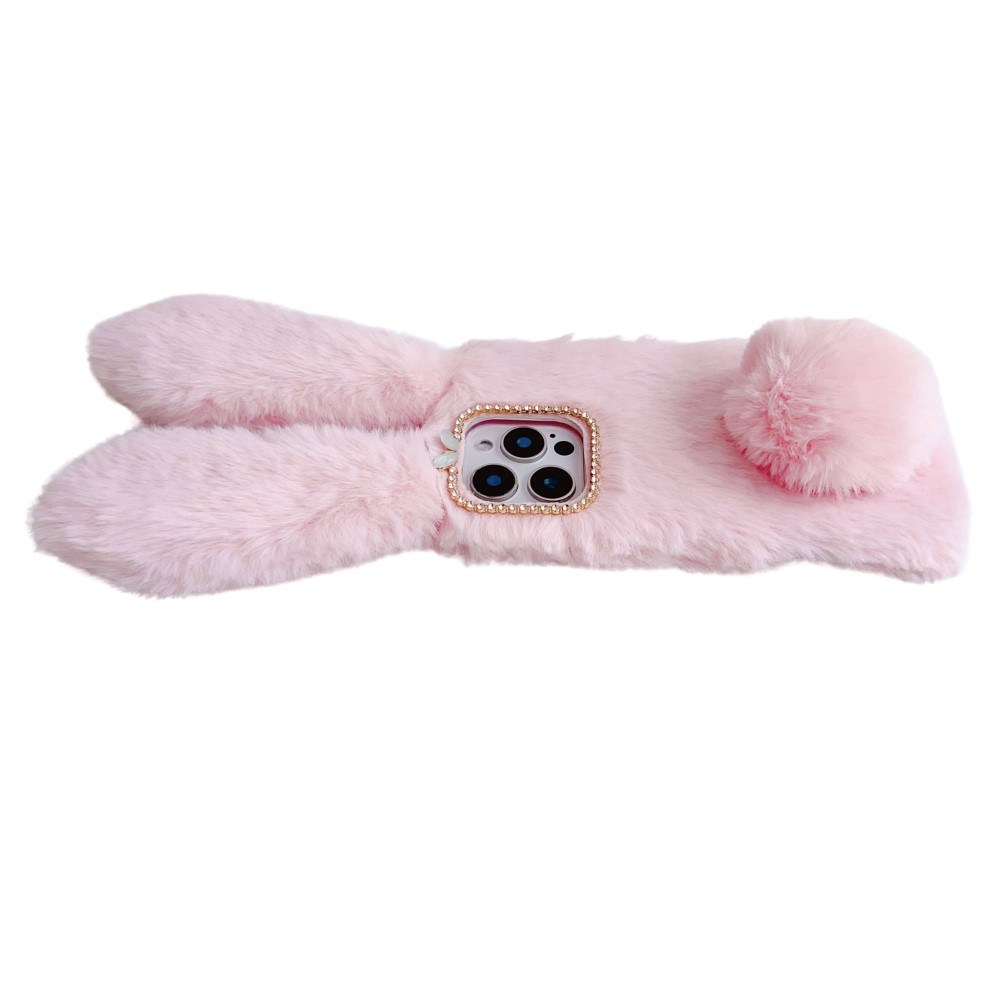 iPhone 16 Pro 3D Gummi Plüsch Case Hülle Bunny mit Flauschigen Hasenohren - Rosa