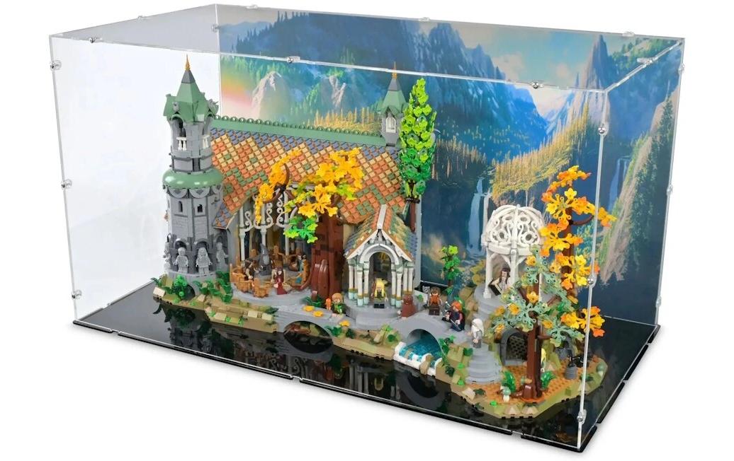 Baukasten Acryl-Display für LEGO 10316 Herr der Ringe<br>Acry-Display-Box mit Hintergrundbild und schwarzem Boden für LEGO der Herr der Ringe: Bruchtag