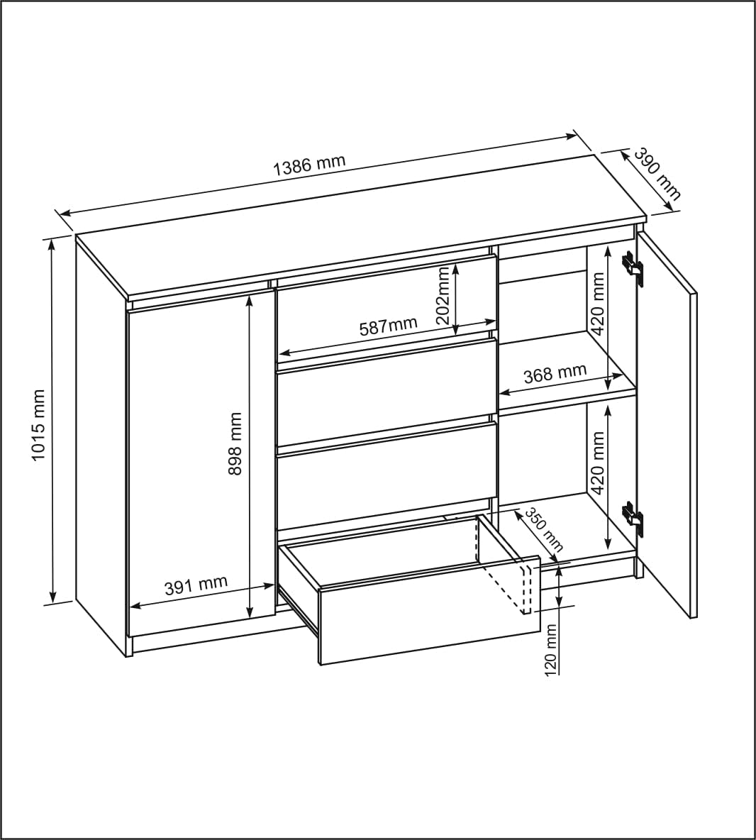 meble masztalerz Kommode mit 4 Schubladen und 2 Türen 140 cm, Sideboard Wohnzimmer, Schlafzimmer H: 101,5 cm, B: 138,6 cm, T: 39 cm Kommode mit Schubladen, Schubladenschrank (Weiss Hochglanz)