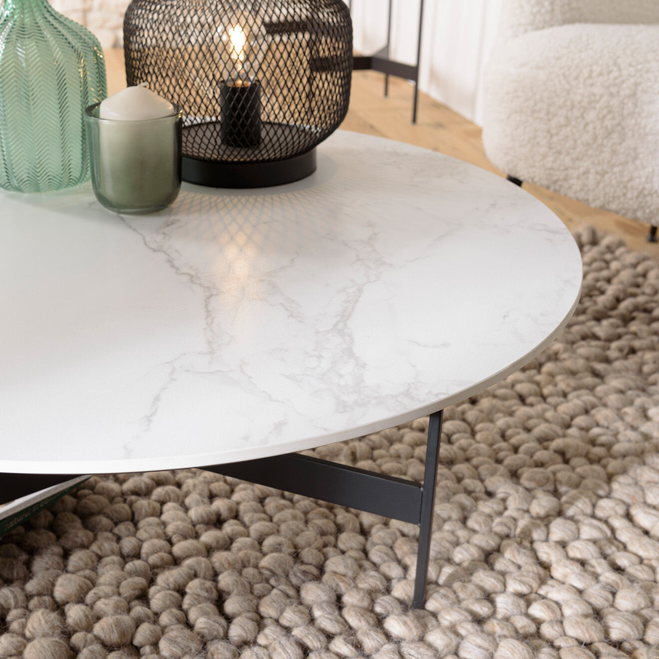 Macabane Table basse ronde plateau effet marbre Daly noir/blanc - 78x78 cm