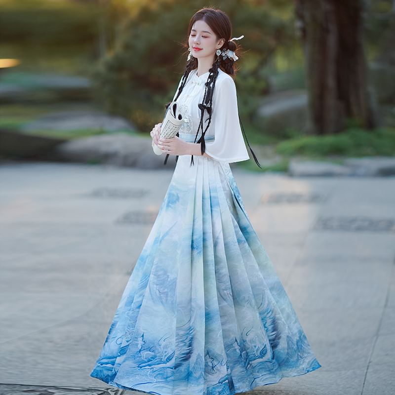 Fioridi - Hanfu-top met korte mouwen, geborduurd met bloemenmotief en knopen, / Midi-rok met hoge taille en zeeprint