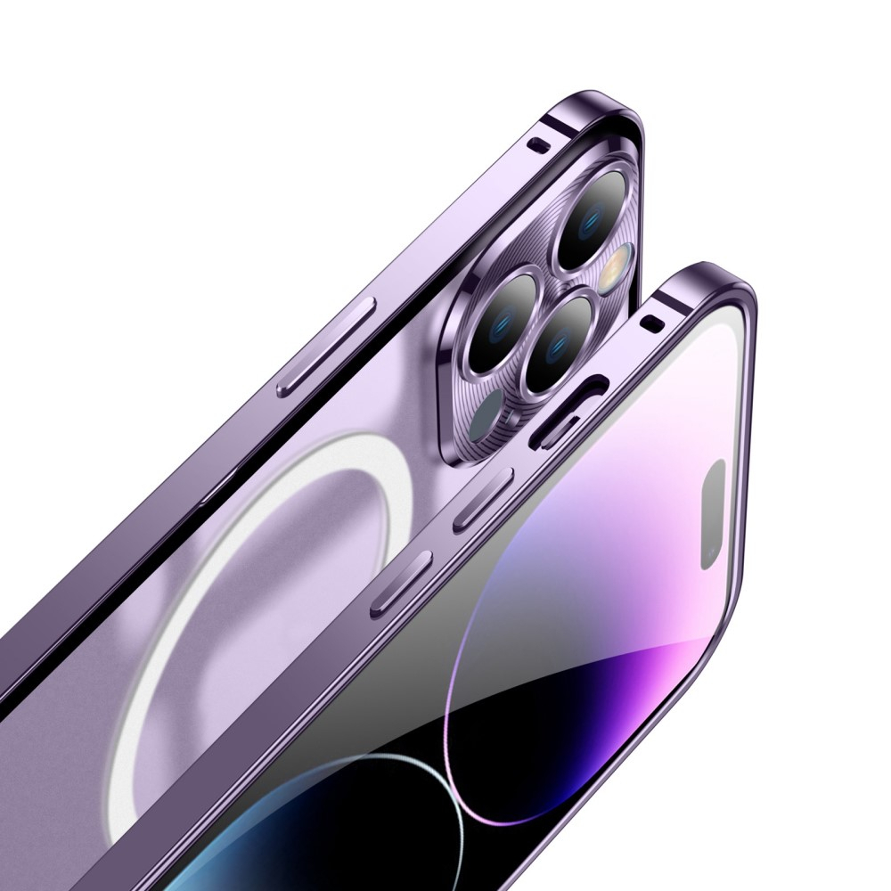 iPhone 14 Pro MagSafe Alu Schutzhülle mit Panzer Glas Backcover   Kameraschutz - Dunkellila (Deep Purple)