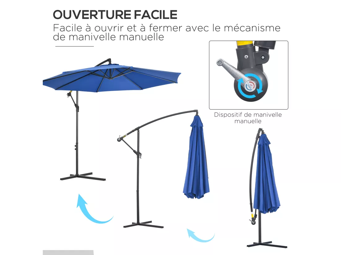 Parasol déporté octogonal inclinable rabattable diamètre 2,97 m parasol de jardin avec pied en croix bleu