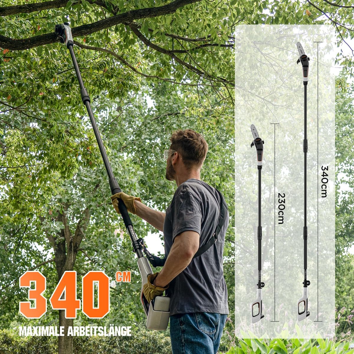 Litheli U20 Akku Hochentaster 20V inkl. 3 Ketten, Teleskop-Hochentaster mit 10000 mAh Akku, Akku-Teleskopsäge mit 8 m/s Schnittgeschwindigkeit zum Schneiden und Beschneiden von Ästen