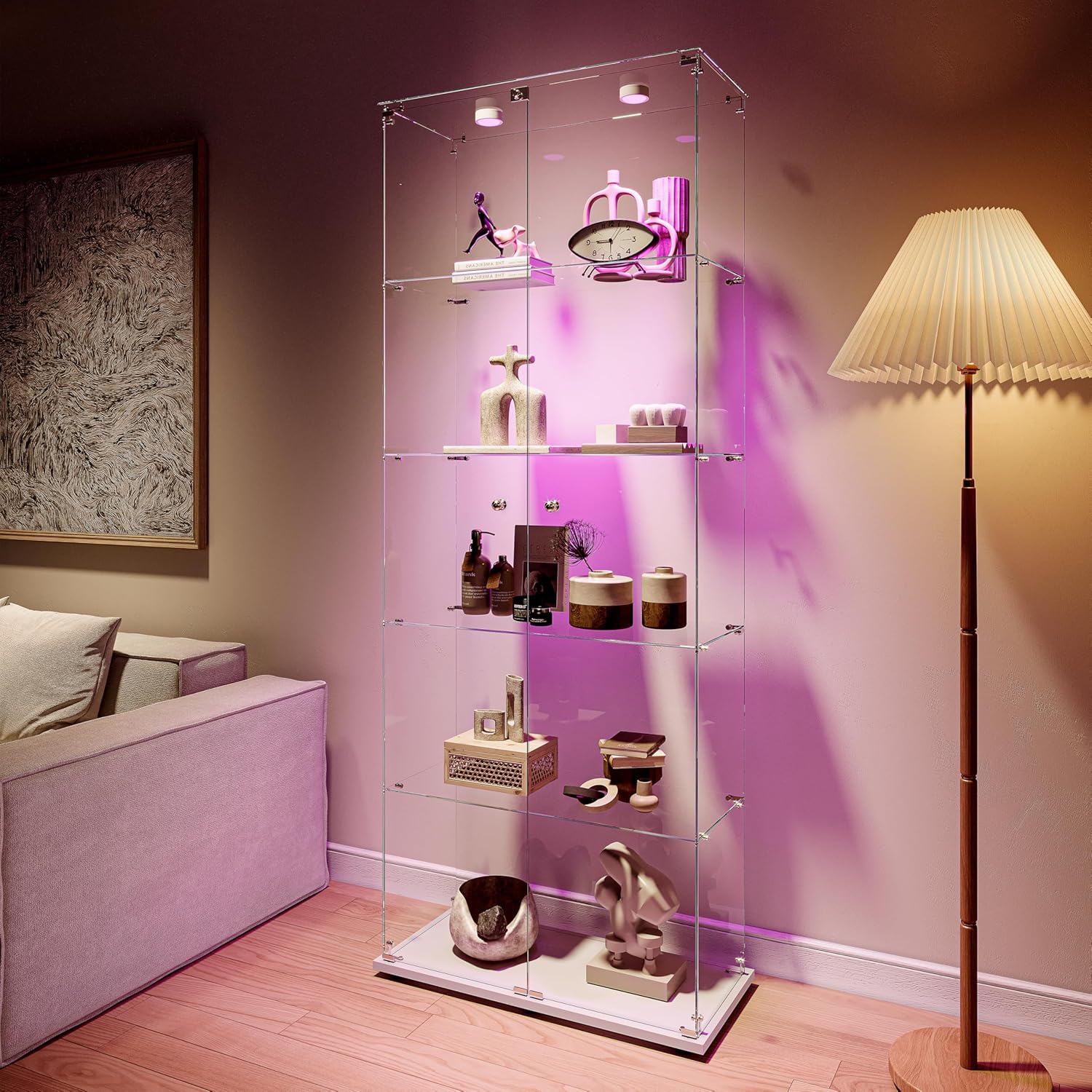 Glasvitrine Standvitrine,Glasvitrine Stehend mit Led,5 Lagen Glas Holz Glas Vitrine Vitrinenschrank 2 TüR und Schloss Vitrine Glasschrank Display Cabinet Sammlervitrine (Weiß, 5 Etagen 2 Tür+LED-1)