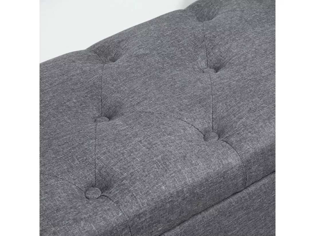 Banquette coffre de rangement 2 en 1 design Chesterfield assise capitonnée accoudoirs courbés pieds effilés bois d'hévéa aspect lin gris
