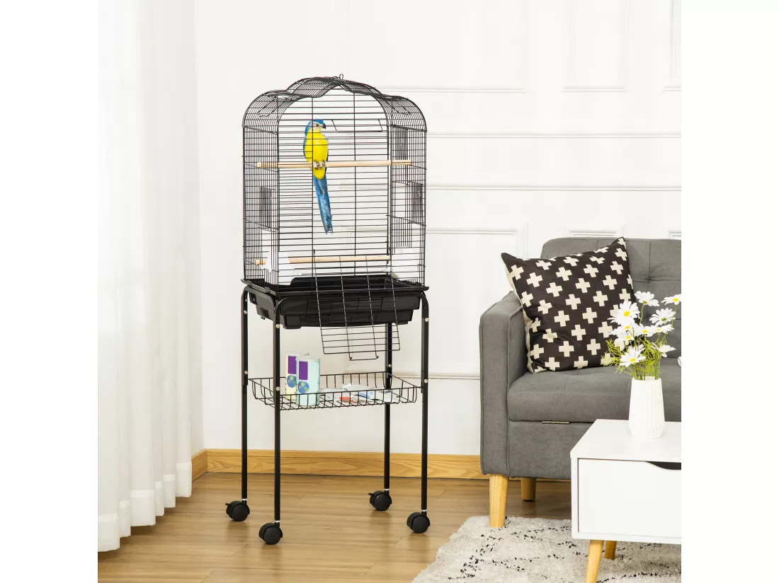 PawHut Cage à oiseaux volière amovible sur roulettes - toit ouvrant, tiroir déjection, 2 perchoirs, 2 trappes, porte, 2 mangeoires, 2 poignées - étagère - acier PP noir