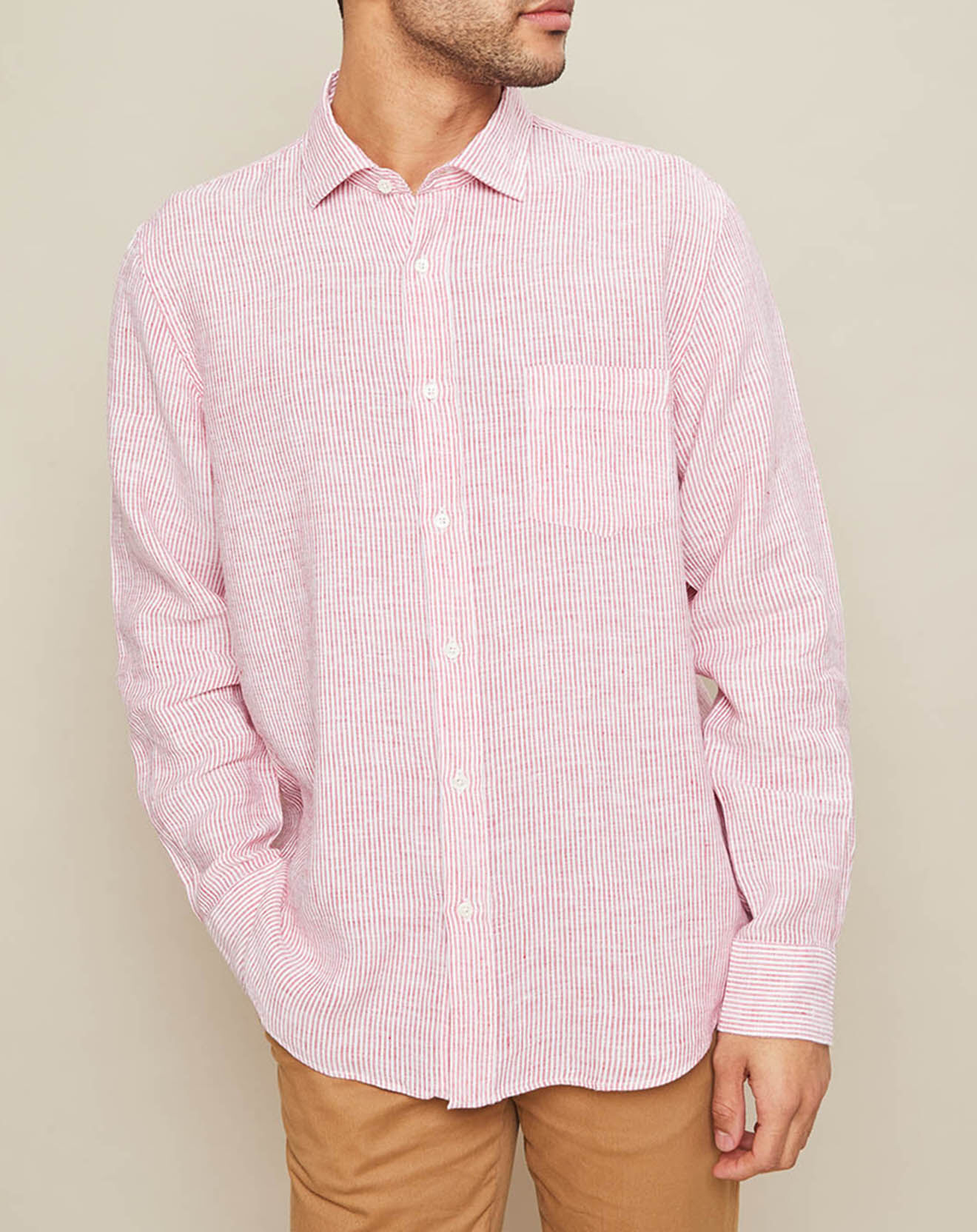 Hartford Chemise 100% Lin regular Paul à rayures rouge/blanc