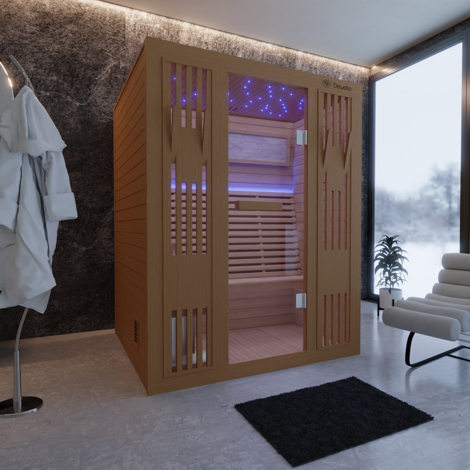 Dewello Finnische Sauna MINTO 150x130 Kabine aus Hemlock Tannenholz mit 4,5 kW Harvia Ofen, inkl Sauna Set
