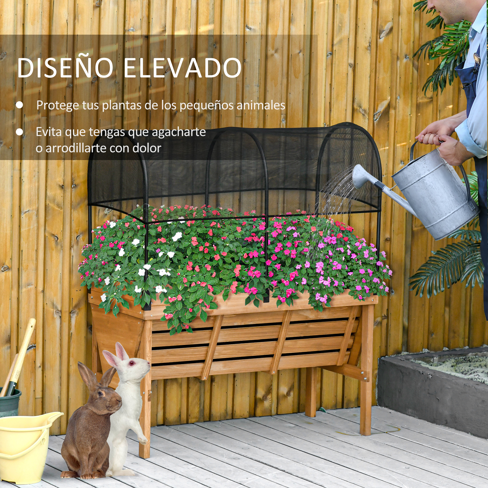 Horta urbana elevada de madeira Outsunny, 120x55x143 cm, com tela de sombreamento e geotêxtil para o cultivo de plantas e flores.