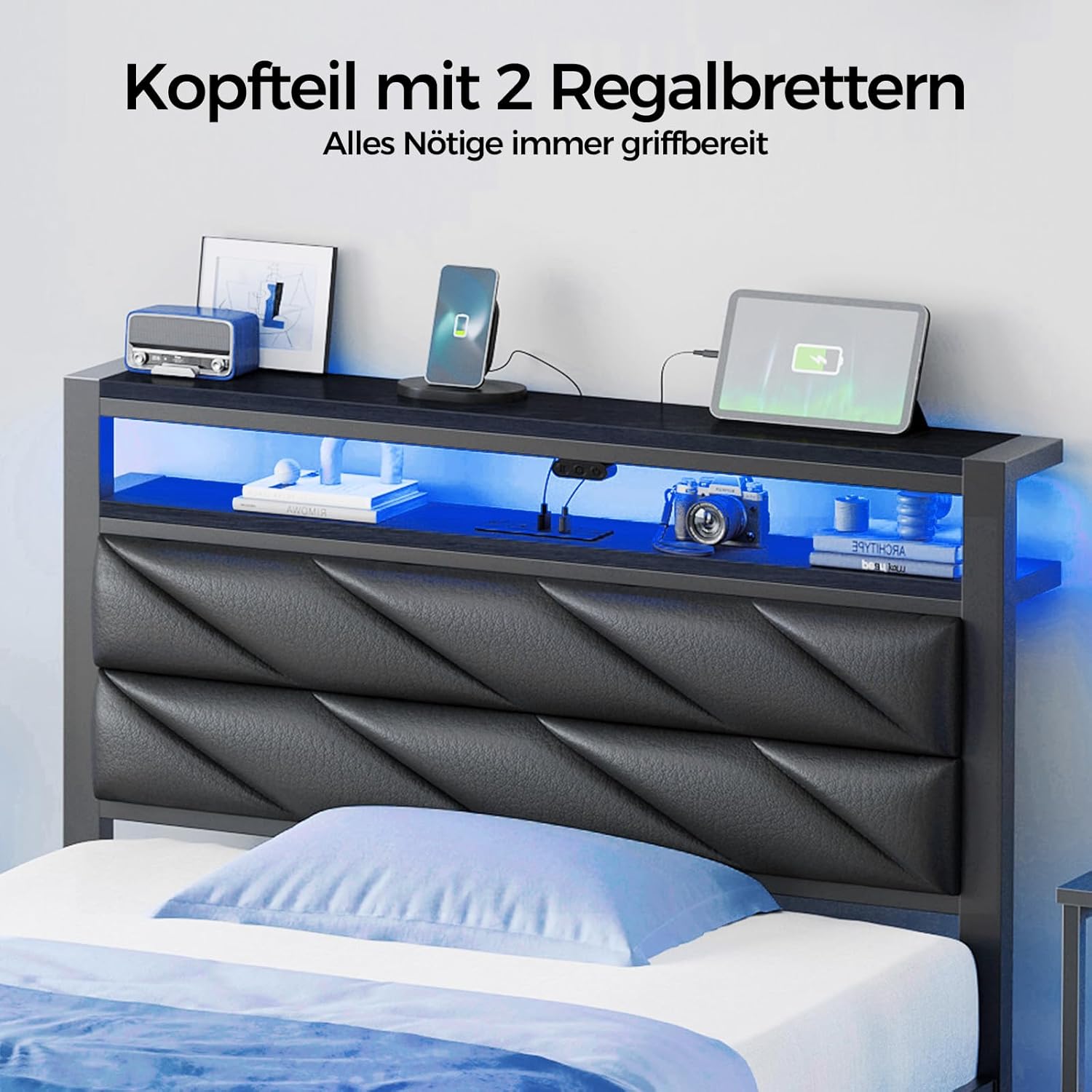 Seventable Bett 90x200 mit LED, Ladestation (2 USB-Anschlüsse & 1 Typ-C-Anschluss), Metallbett mit Gepolstertem Kopfteil & Stauraum, perfekt für Kinderzimmer, Jugendzimmer, Schwarz