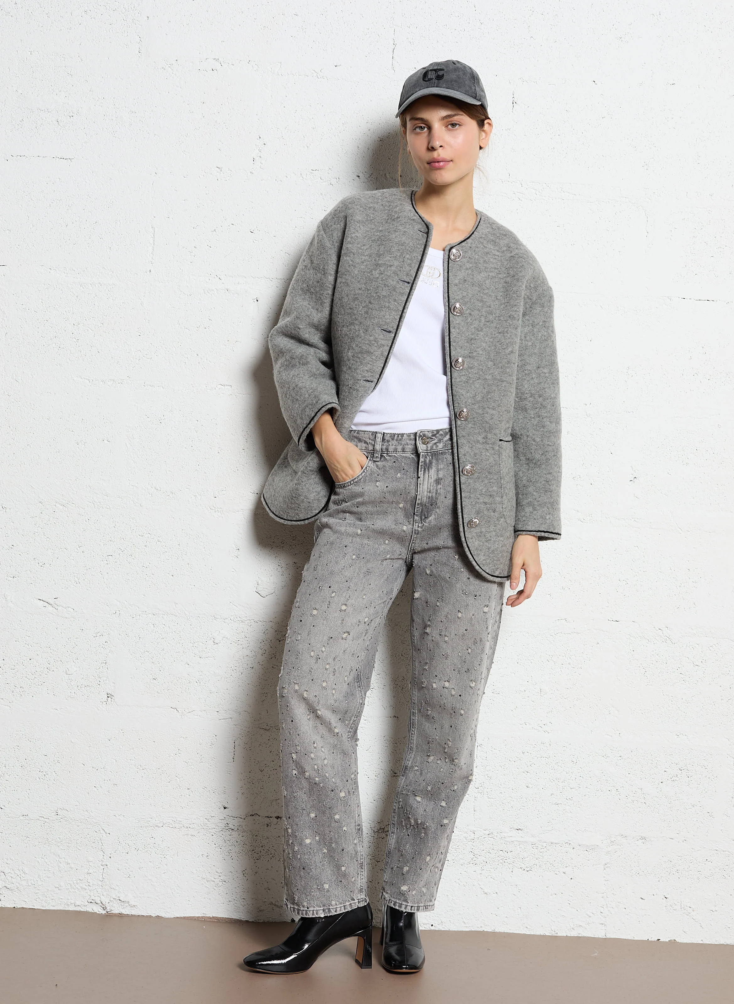 Jean droit taille haute en coton | Gris