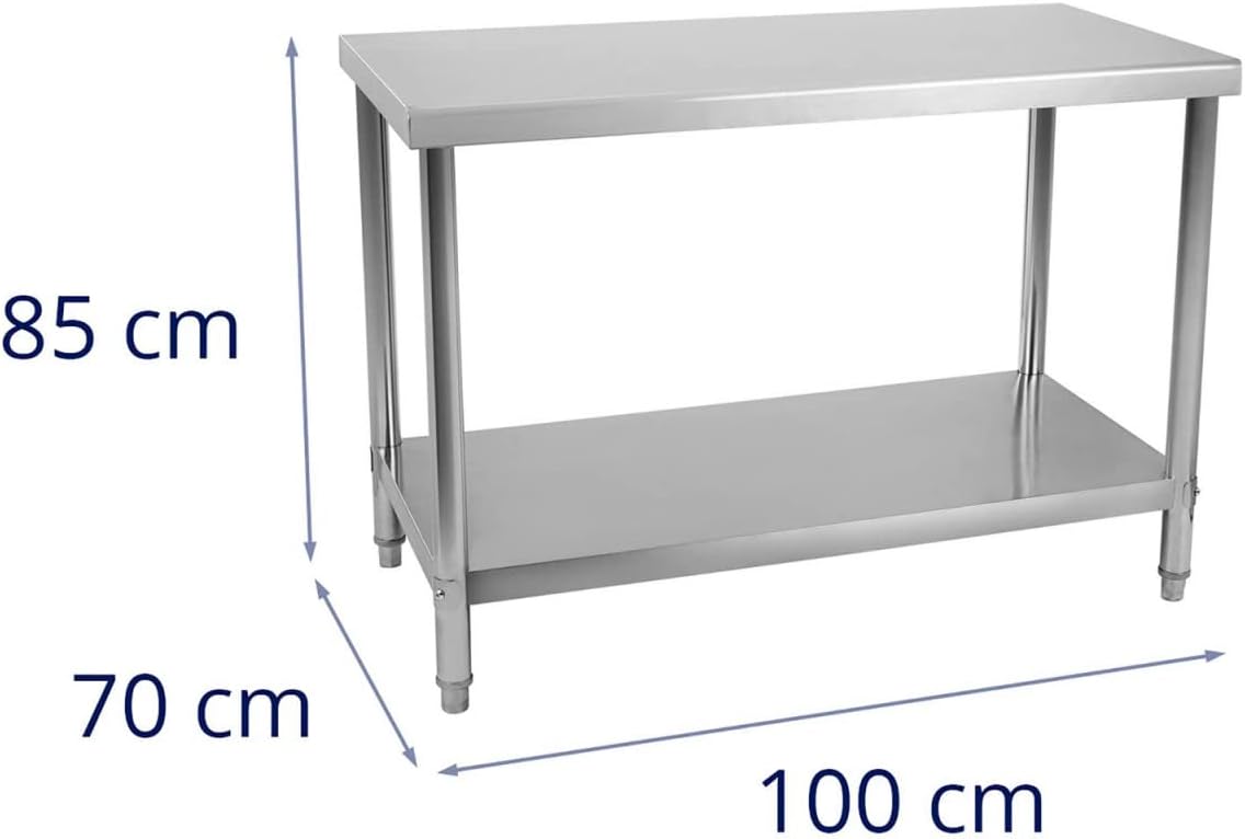 Royal Catering RCAT-100/70 Arbeitstisch aus Edelstahl (100 x 70 cm, 1 Arbeitsplatte und 1 Einlegeboden, bis 400 kg, höhenverstellbare Füße, Edelstahl)