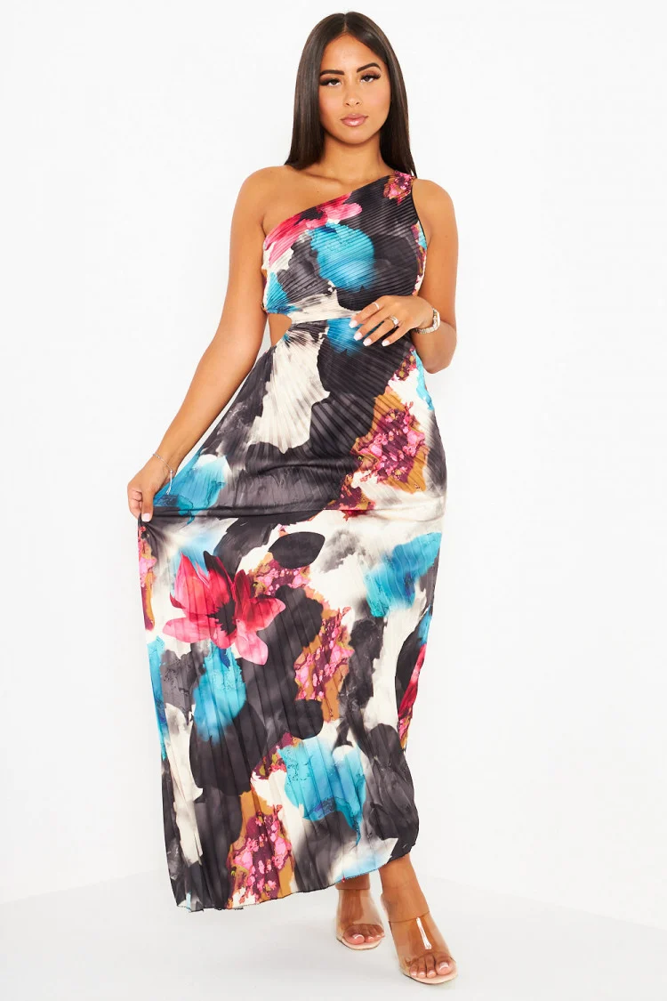 Robe noire one shoulder plissées et fleurie