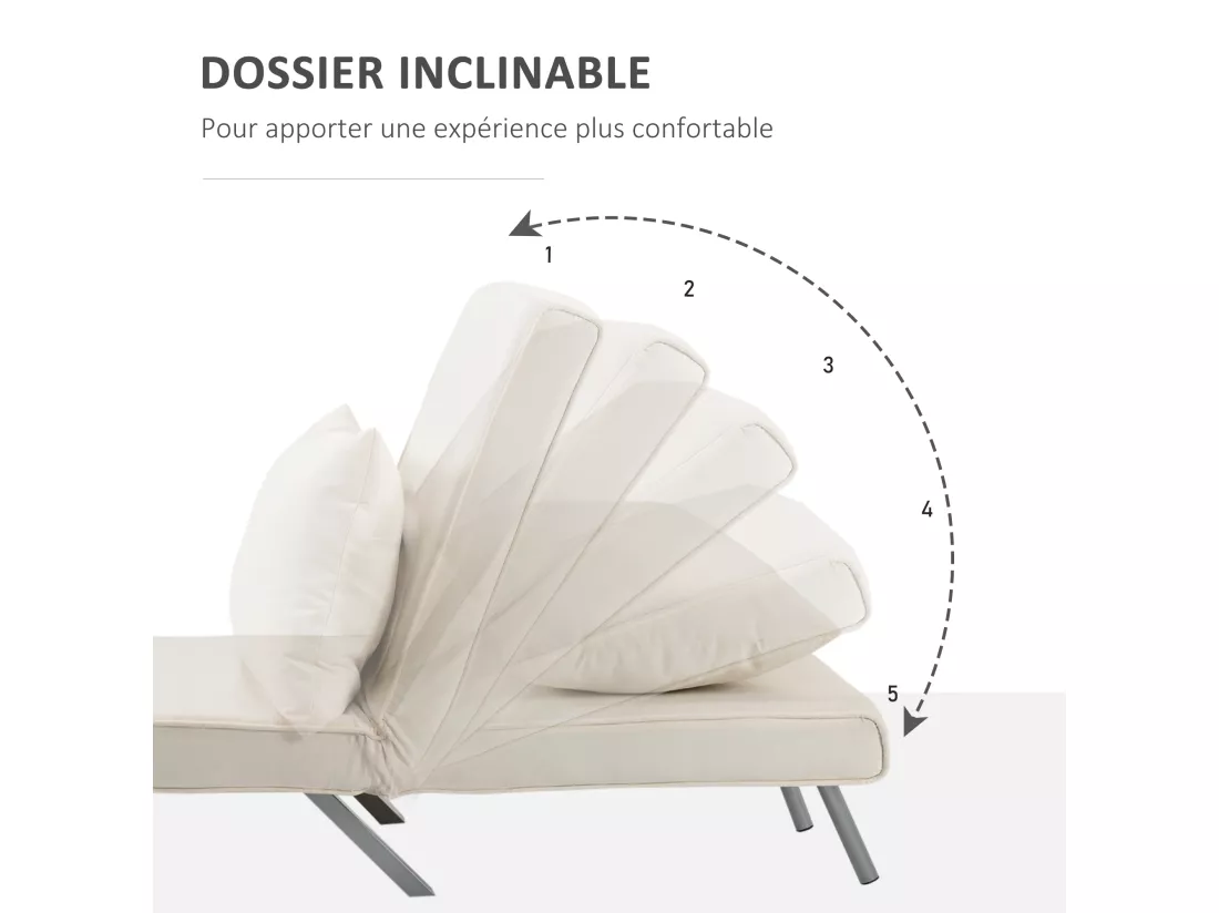 Fauteuil chauffeuse canapé-lit convertible 1 place déhoussable grand confort coussin pieds accoudoirs métal suède crème
