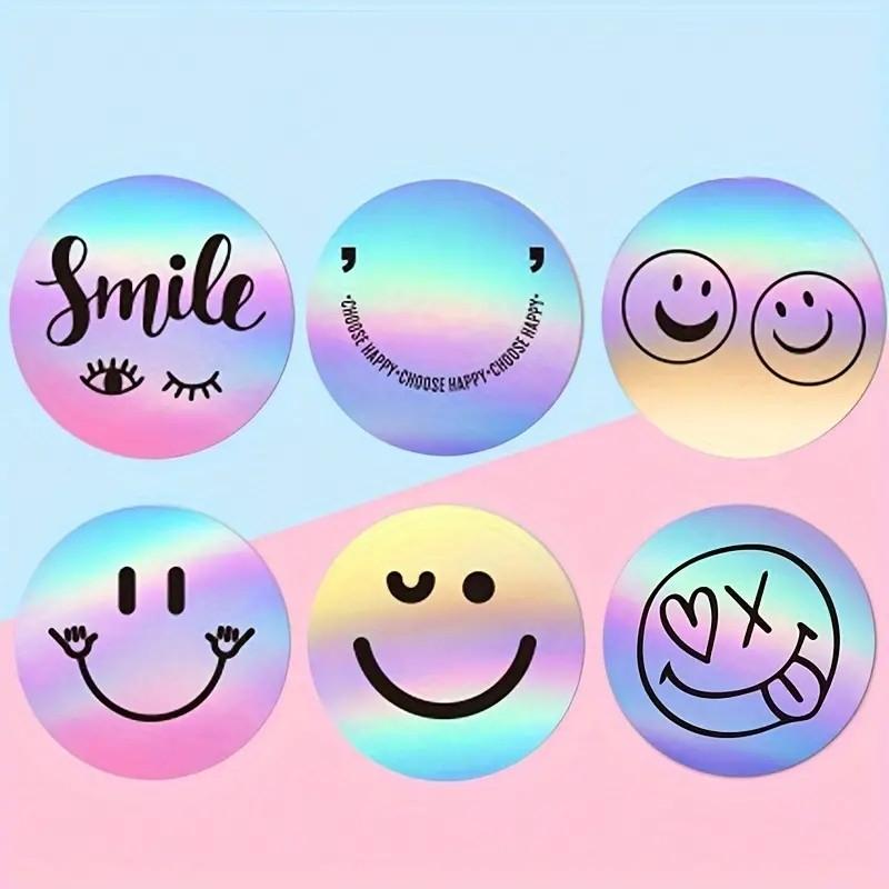 (1 Rolle à 500Stk.) Ø25mm Runde Aufkleber Irisierende Sticker Selbstklebende Lehrer Etiketten - Smileys