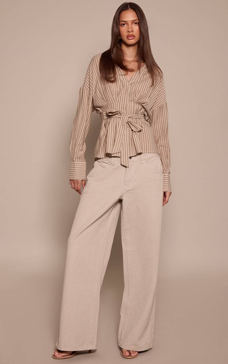 Gris Pierre Chemise Rayée Tissée Cache-cœur À Nouer