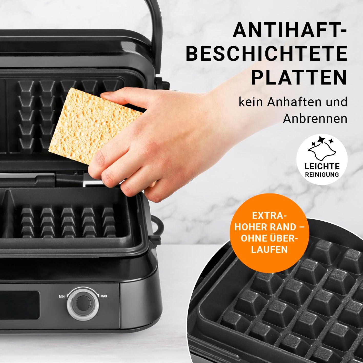Premium Waffeleisen für Belgische Waffeln | Starke 1.600 Watt, doppelte Heizelemente, 5 Programme & 7 Bräunungsstufen | LCD Display, Timer, extra tiefe Heizplatten für besonders luftige Waffeln