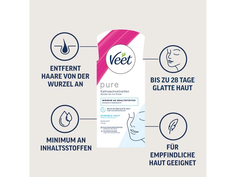 Veet Kaltwachsstreifen Gesicht Sensible Haut 20 Stück Praktische Kaltwachsstreifen mit spezieller Gel Formel und Mandelöl