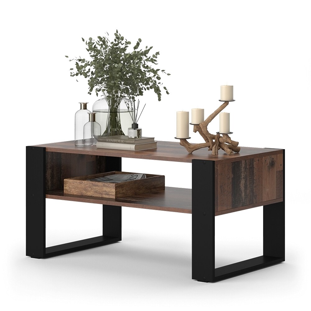 Vicco Couchtisch Olli Antikholz-Optik Schwarz 92 x 45,6 cm mit Ablage