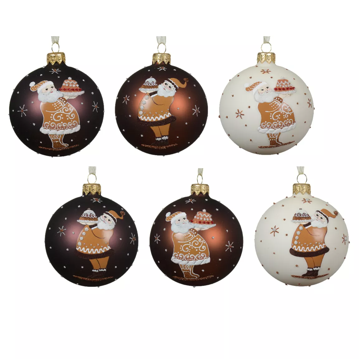 Lot de 6 boules de Noël en verre (D80 mm) Père Noël Gourmand