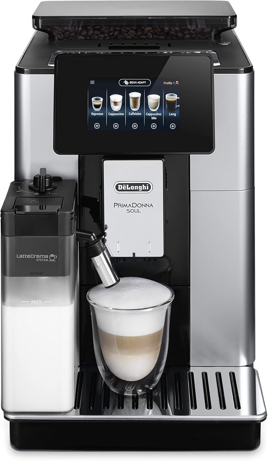 De'Longhi PrimaDonna Soul ECAM 612.55.SB Kaffeevollautomat mit LatteCrema Milchsystem & Bean Adapt Technologie, 18 Rezepte per Knopfdruck, Farbdisplay & App-Steuerung, Silber mit DLSC 500 Entkalker