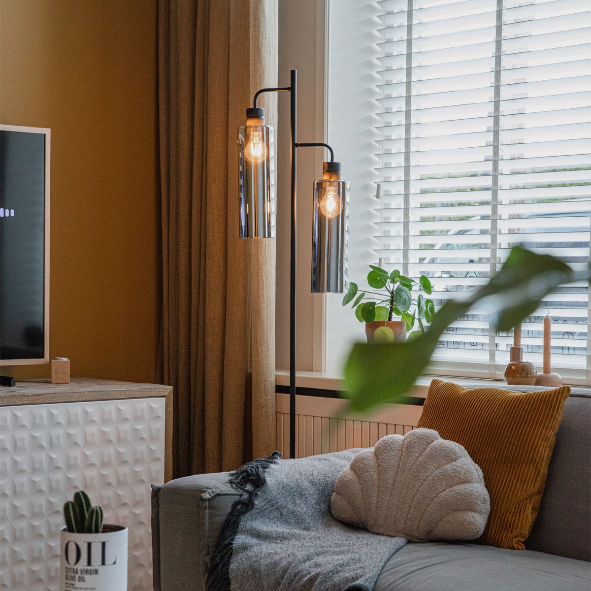 Moderne vloerlamp zwart met smoke glas 2-lichts - Stavelot