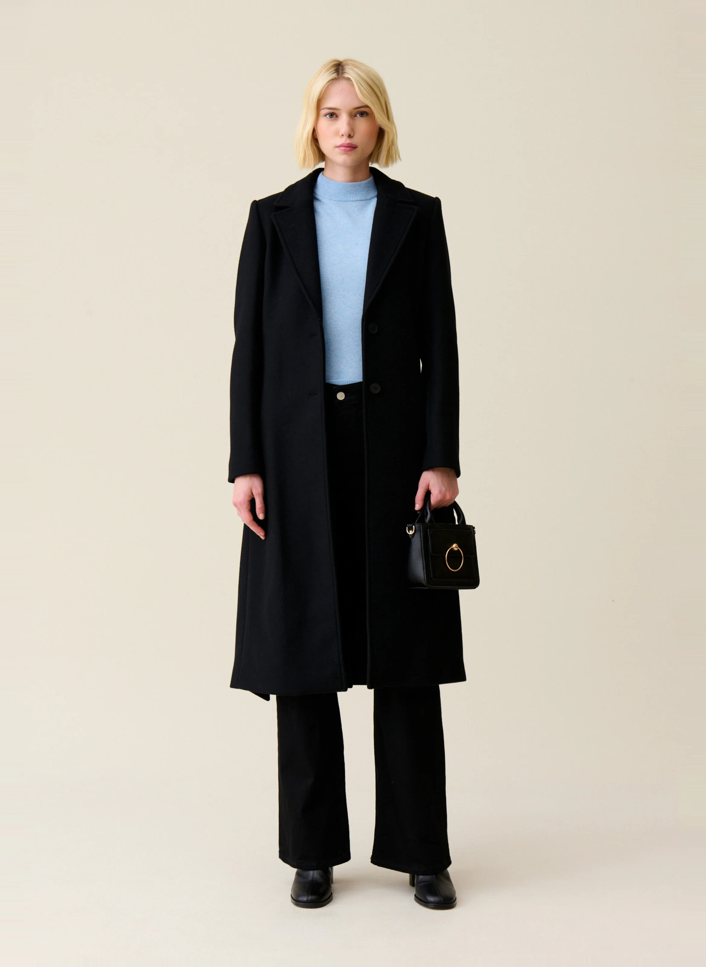Manteau long en laine mélangée | Noir