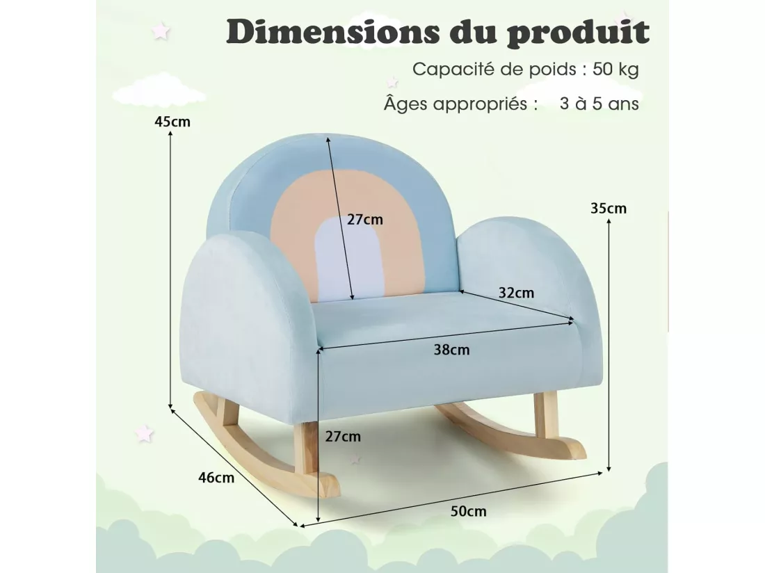 Fauteuil à Bascule Enfant en Peluche avec Dossier & Accoudoirs Confortable, Chaise à Bascule en Bois avec Joli Motif Arc-en-Ciel, Charge 50kg pour Garçon Fille de 0-5 Ans