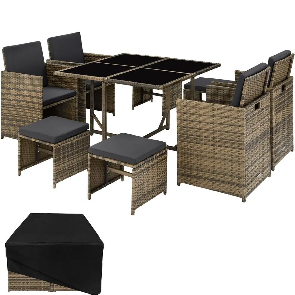 tectake - tuinset Bilbao - wicker met beschermhoes - natuurkleur