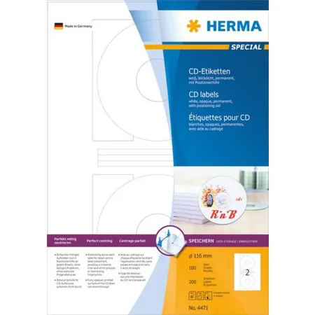 HERMA CD-Etiketten, Ø 116mm, weiß, blickdicht, 200 Stück