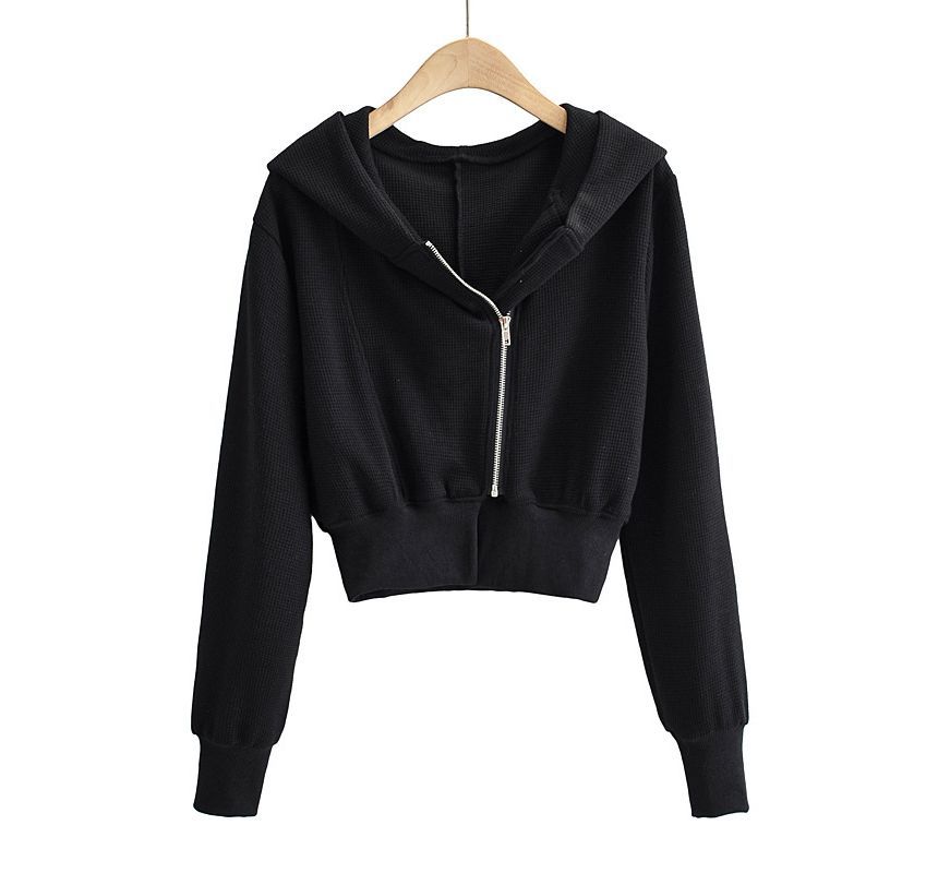 Sundine - Effen cropped hoodie met wafelstructuur en rits