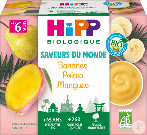 HIPP Biologique Saveurs Du Monde Bananes Poires Mangues Dès 6 Mois Coupelles 4x100g