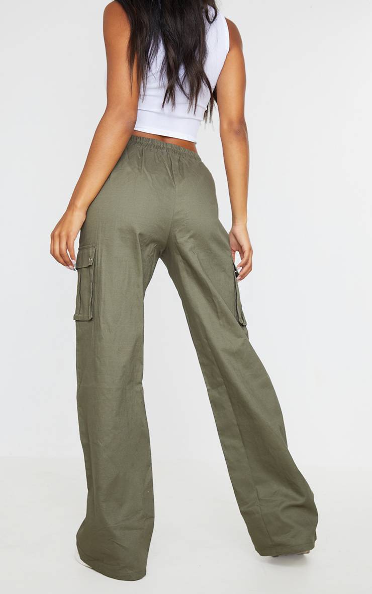 Vert Pantalon Cargo Taille Haute Coupe Large Kaki