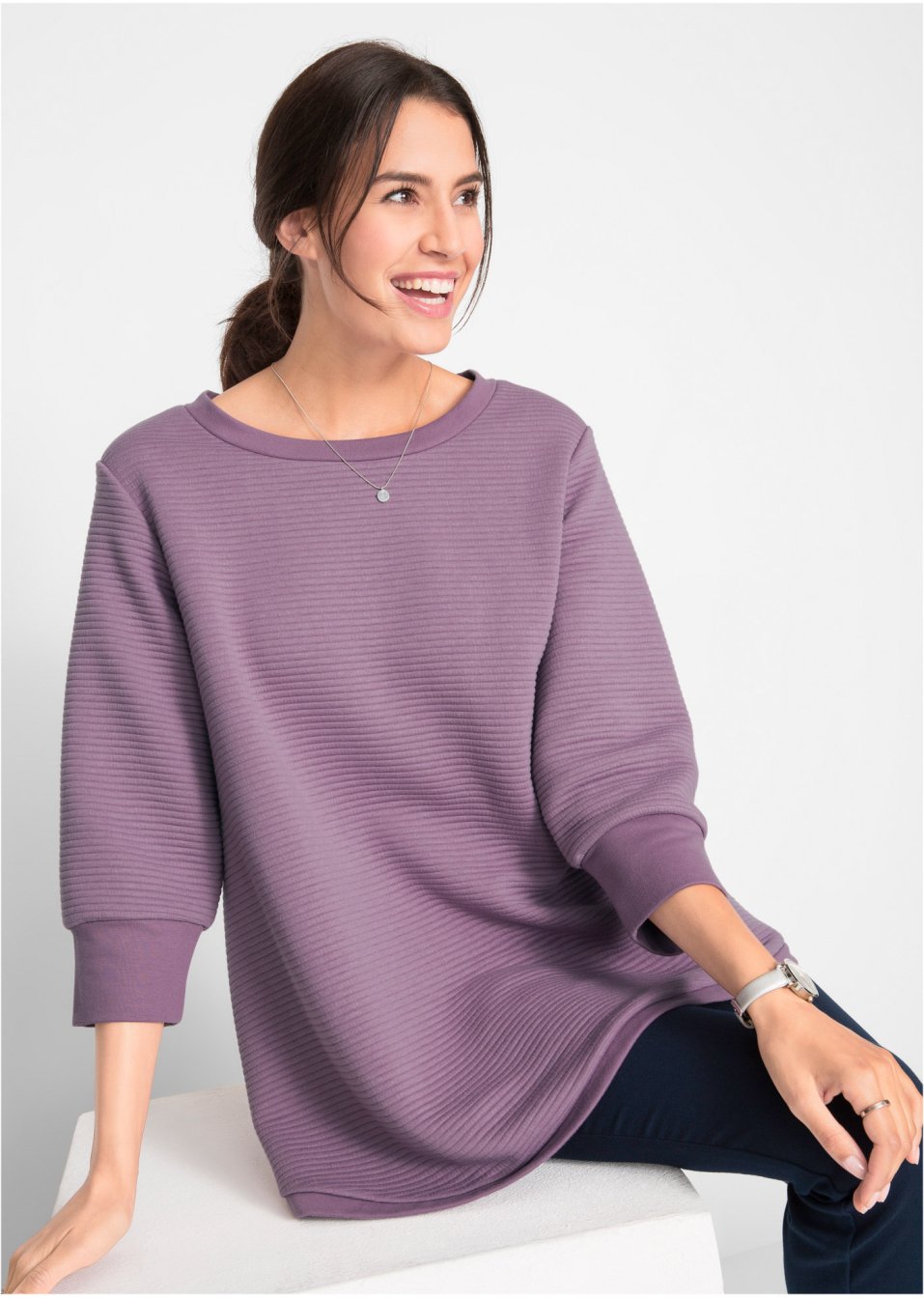 Sweat-shirt long structuré forme trapèze, manches 3/4