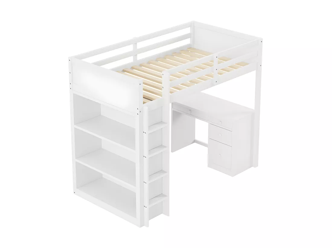 Lit mezzanine 90x200 cm - avec meubles de rangement et un bureau - en bois massif - Blanc