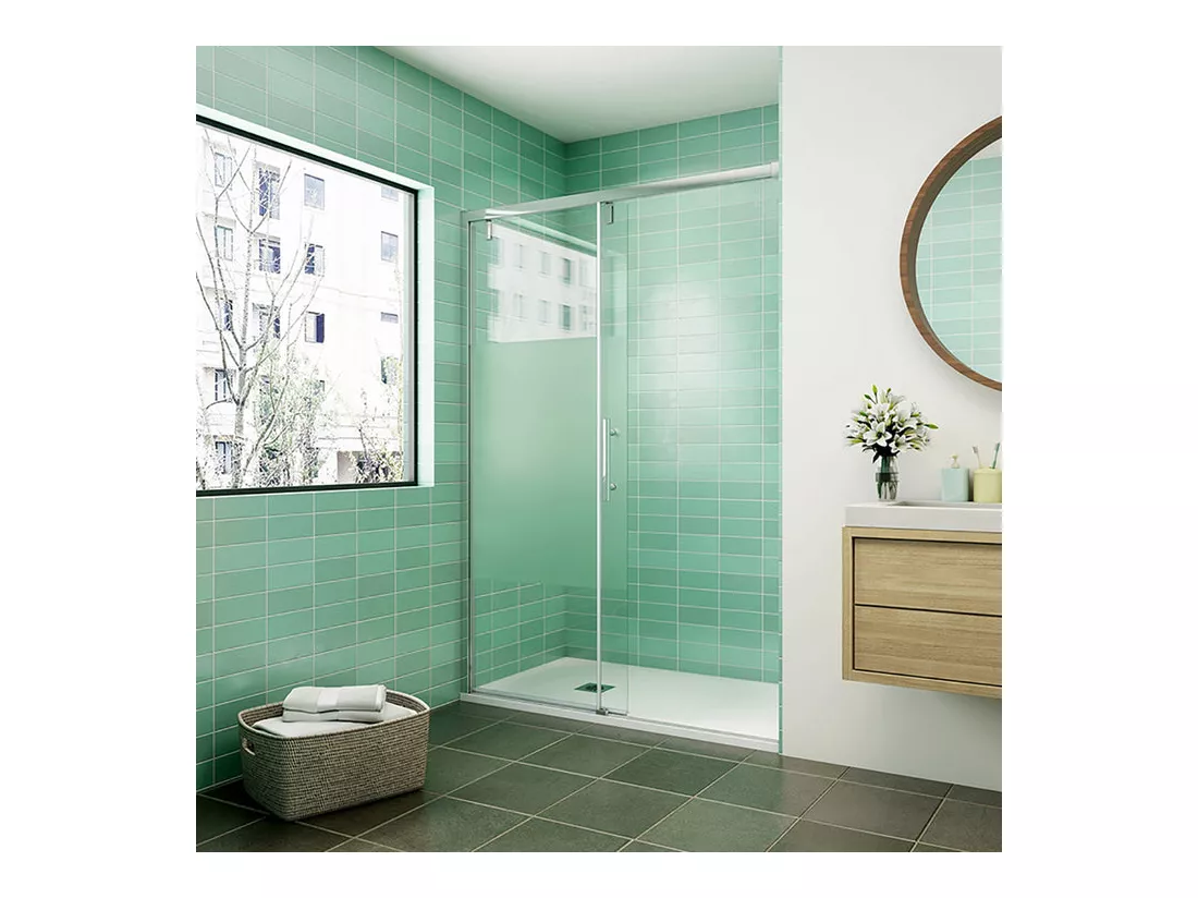 Porte de douche coulissante avec l'amortisseur 140x190cm verre sablé au centre - Installé à Gauche