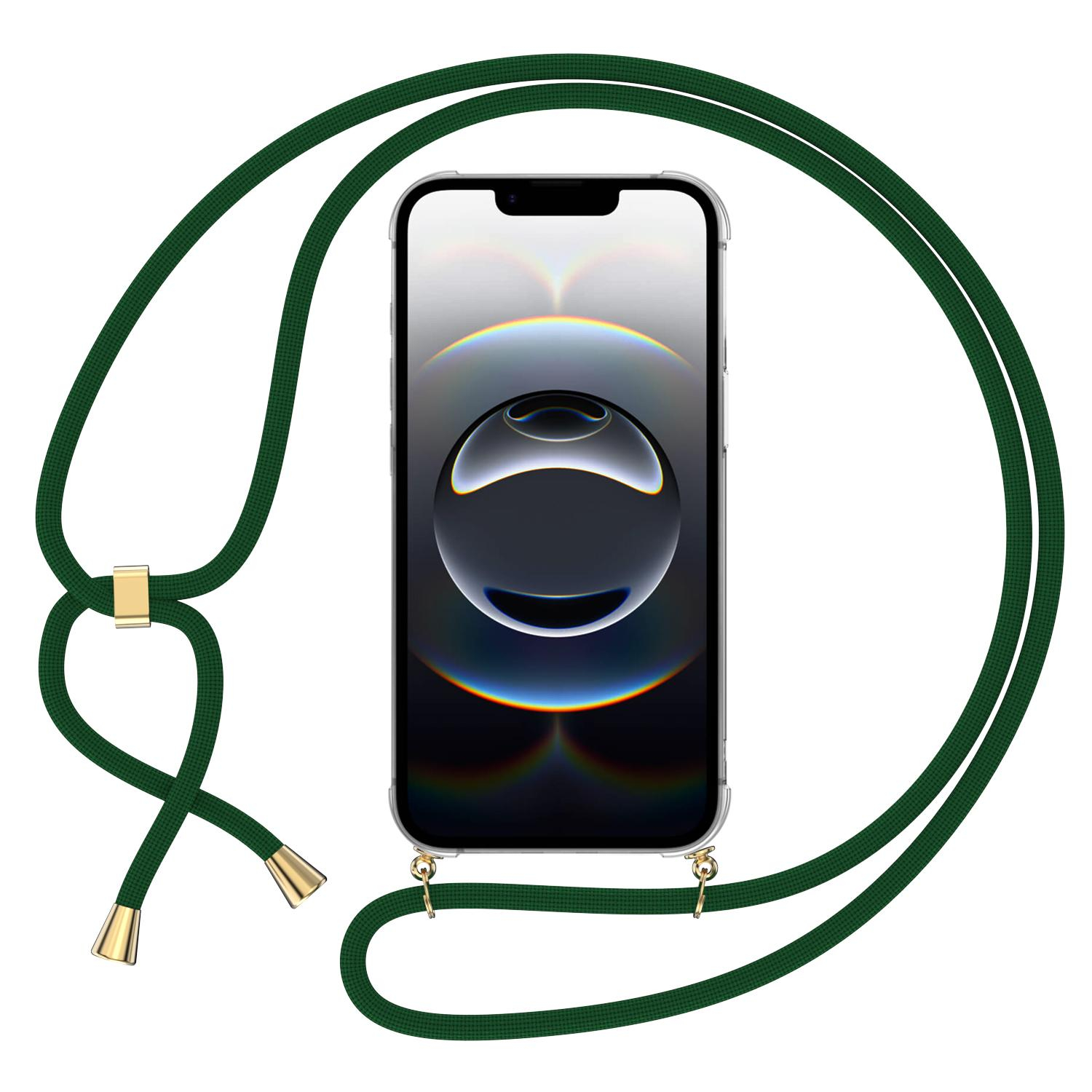 iPhone 16e Necklace Gummi Hülle Air Cushion Fallschutz   Handykette (150cm) - Dunkelgrün / Gold