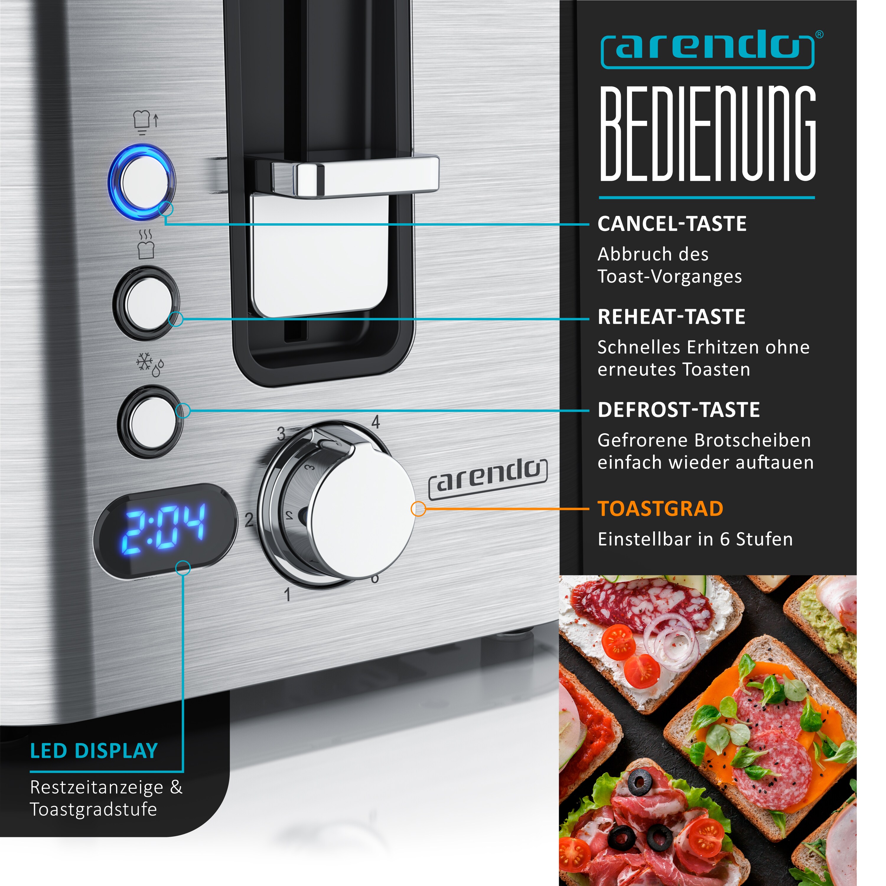 Arendo Edelstahl Toaster Langschlitz 4 Scheiben - Defrost Funktion - wärmeisolierendes Gehäuse - mit integrierten Brötchenaufsatz - Krümelschublade