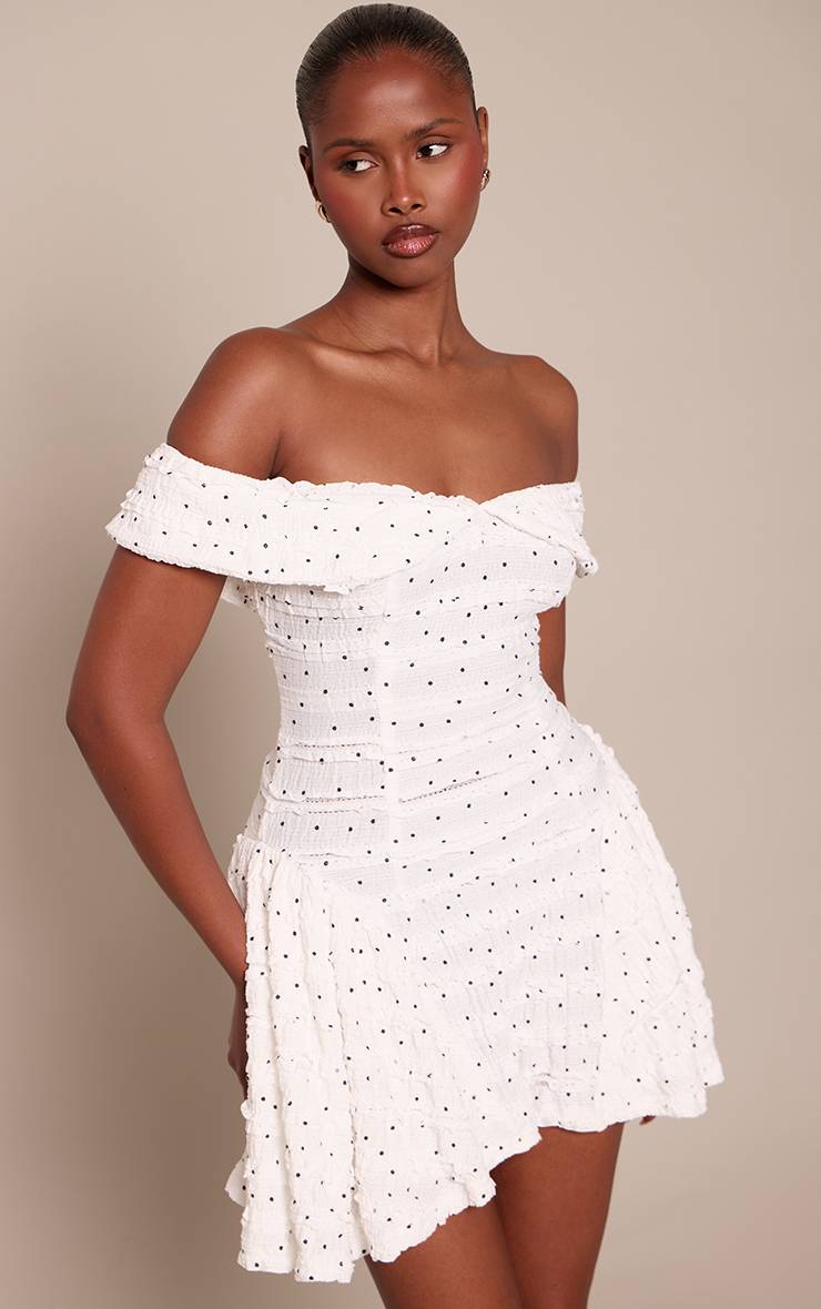 Blanc Robe Droite Bardot Texturée À Pois